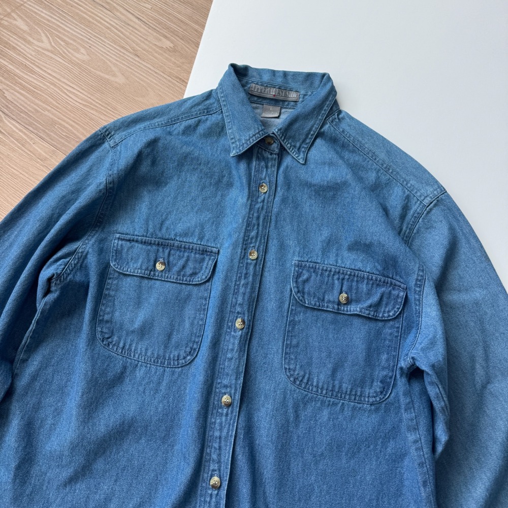 Vintage 90s Denim Shirt Mens Large Blue Long Sleeve Button Down 100% Cotton - Picture 4 of 7